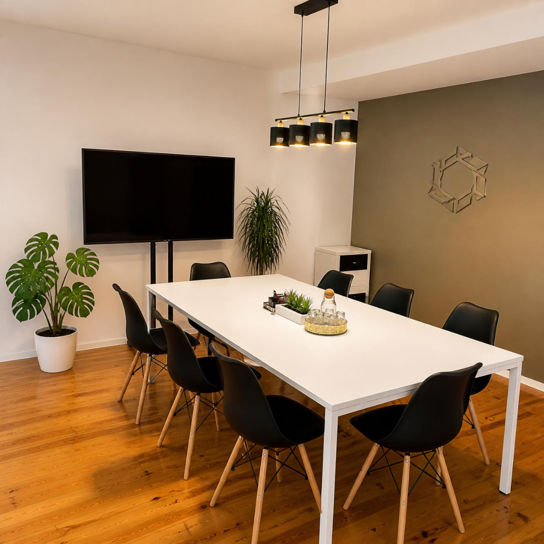 Sala de reunião com mesa grande, TV e whiteboard